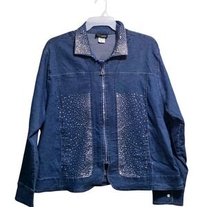 Get Lucky USA Women 3X Blue Rhinestone Zip Front Stretch Denim Jacket